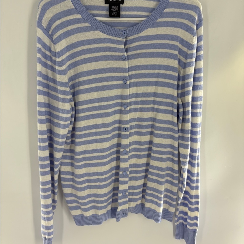 Lord & Taylor Womens Periwinkle Striped Button Up Cardigan X-Large  Preppy - Picture 2 of 10